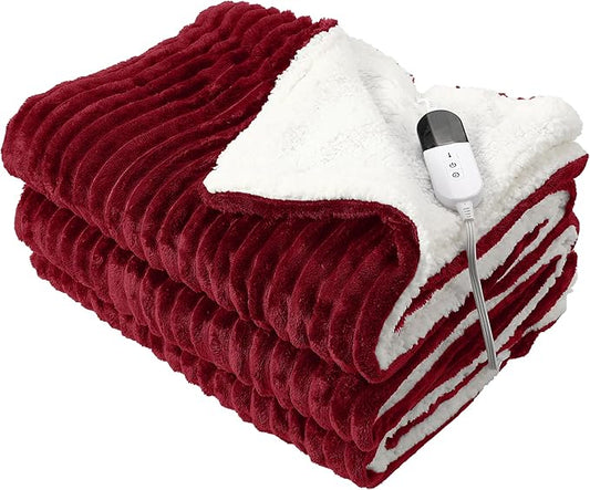 Electric Blanket Heated Twin Blanket, Super Soft Flannel & Sherpa Electric Twin Blanket with 6 Fast Heating Levels, 10 Hours Auto Off & OverHeat Protection, Machine Washable, 62'' X 84'', Red
