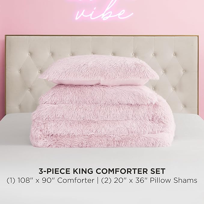 Juicy Couture Shaggy Faux Fur Pink King Comforter Set - Soft and Cozy 3-Piece Machine Washable Bedding Comforter and Sham Set
