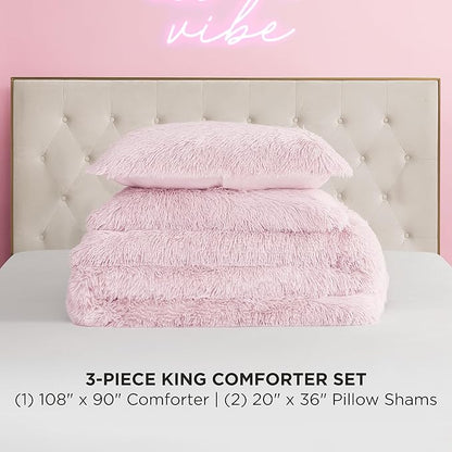 Juicy Couture Shaggy Faux Fur Pink King Comforter Set - Soft and Cozy 3-Piece Machine Washable Bedding Comforter and Sham Set