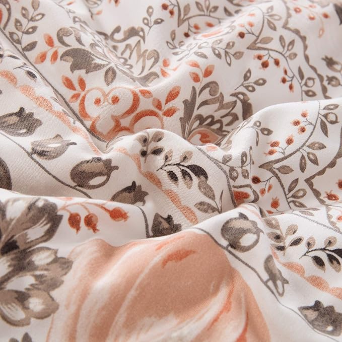 CLOTHKNOW Brown Floral Queen Comforter Set Botanical Bedding Comforter Sets Boho Comforter Pumpkin Comforter Queen with 2 x Pillow Cases