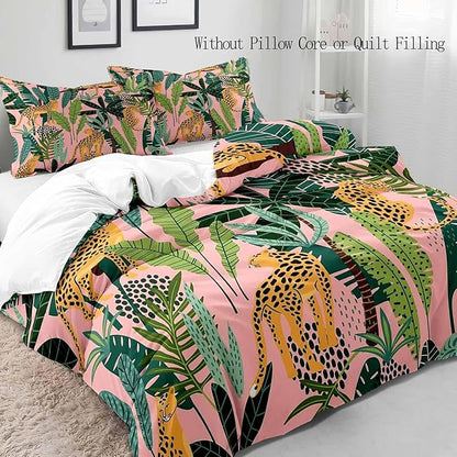LUVIVIHOME 3PCS Leopard Duvet Cover Queen Bedding Sets, Pink Duvet Cover, Boho Aesthetic Tropical Plant Green Leaves Botanical Safari Jungle Animals Cheetah Print Comforter Quilt Cover, 2 Pillow Cases
