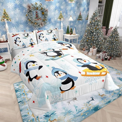 Castle Fairy Winter Snowflak Bed Comforter Set Queen Size,Cute Cartoon Skiing Penguin Super Soft Microfiber Bedding Set for Girls Boys,Merry Christmas Theme New Year Decorative Quilter Set