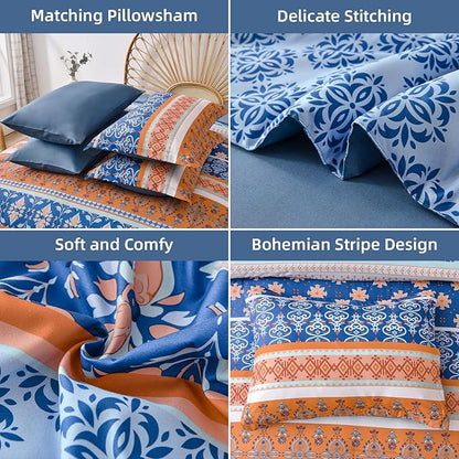 WONGS BEDDING Boho Comforter Set Queen, Blue and Orange Bedding Set 7 Pieces Bed in a Bag Bohemian Striped Bedding Comforter Sets Soft Microfiber Comfortet and Sheet Set for All Season