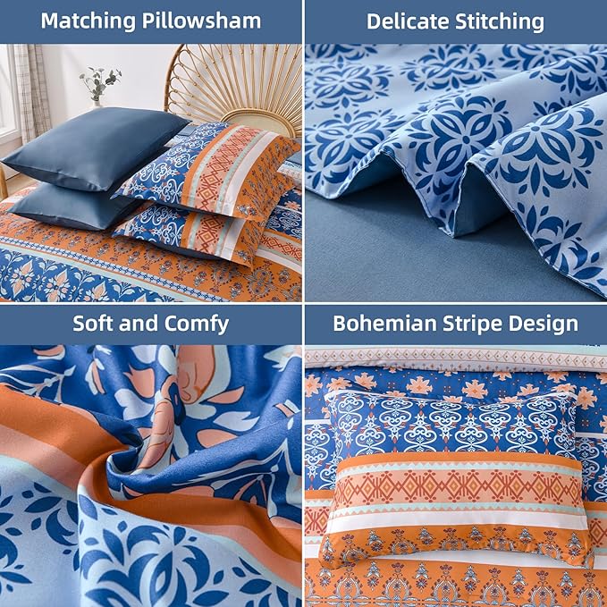 WONGS BEDDING Boho Comforter Set King, Blue and Orange Bedding Set 7 Pieces Bed in a Bag Bohemian Striped Bedding Comforter Sets Soft Microfiber Comfortet and Sheet Set for All Season