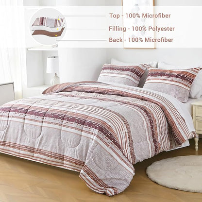 Striped King Comforter Set with Sheets, 7 Piece Luxury Vintage Bedding, Soft Microfiber Bed in a Bag, Cozy Lightweight Bed Set, Chocolate Brown Striped