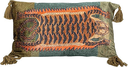 Creative Co-Op Cotton Velvet Blend Tiger Lumbar Pillow with Tassels, Multicolor