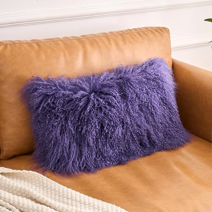 Genuine Mongolian Lamb Fur Pillow Cover – 12"x20" Rectangular Cushion Case – Soft Curly Wool Decorative Accent for Sofa, Bed, or Chair(Royal Lavender)
