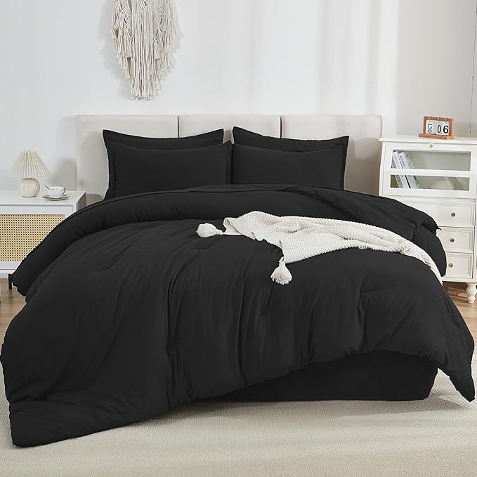 Litanika Twin Comforter Sets Black - 5 Pieces Bed in a Bag Beddding Sets, Solid Lightweight Bed Set with Comforter, Sheets, Pillowcase & Sham