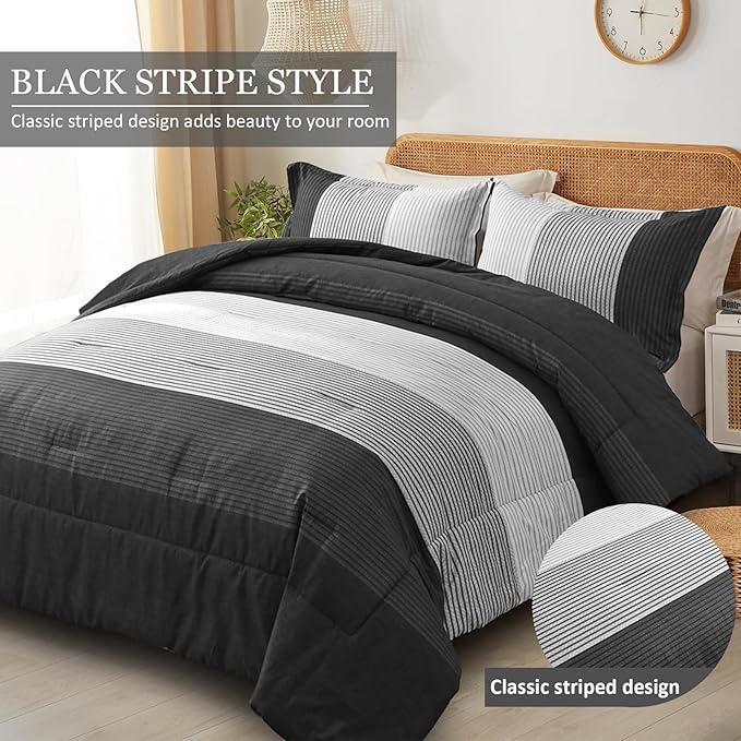 WONGS BEDDING Black Comforter Set King, Reversible Black Striped Down Alternative Comforter for King Bed,3 Pieces (1 Comforter+2 Pillowcases), Soft Microfiber Bedding Duvet Set 104”×90"