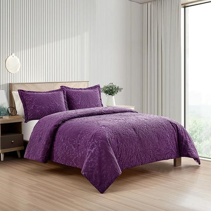 Sunshine Nicole Velvet Jacquard Comforter Set, Velvet Jacquard Face and Brushed Solid Microfiber Reverse, with Light Weight Soft Poly Fill, 3 Pieces Purple, Queen