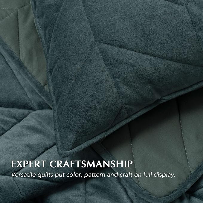 EVERGRACE 3 Pieces Luxurious Queen Velvet Quilts, Ultra Soft Lightweight Velvet Comforter Set, Matelasse Oversized Bedspread Coverlet for All Season with 2 Shams, Forest Green, 92"x96"