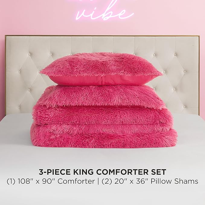 Juicy Couture Shaggy Faux Fur Hot Pink King Comforter Set - Soft and Cozy 3-Piece Machine Washable Bedding Comforter and Sham Set