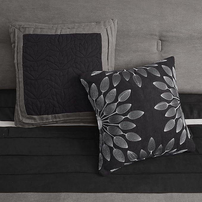 Madison Park - Palmer 7 Piece Comforter Set - Black and Gray - California King - Pieced Microsuede - Includes 1 Comforter, 3 Decorative Pillows, 1 Bed Skirt, 2 Shams