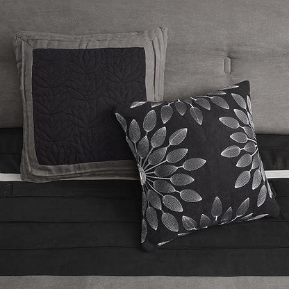 Madison Park Palmer Comforter Set - Faux Suede Design, Striped Accent, All Season Down Alternative Bedding, Matching Shams, Decorative Pillow, Bed Skirt, Queen (90 in x 90 in), Black 7 Piece