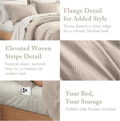 Madison Park Essentials Striped Comforter Set Twin XL, 5 Pieces Modern Minimalist Jacquard Bedding Set for All Season, Bed in A Bag with Sheet Set and Soft Brushed Reverse, Lightweight Neutral
