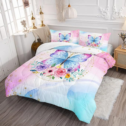 HOSIMA Butterfly Comforter Set Queen,Pink Butterfly Floral Comforter Queen Size for Girls Kids Women Bedroom Decor,Golden Stars and Colorful Butterfly Pattern Bedding Set,Butterfly Bed Set for Girls.