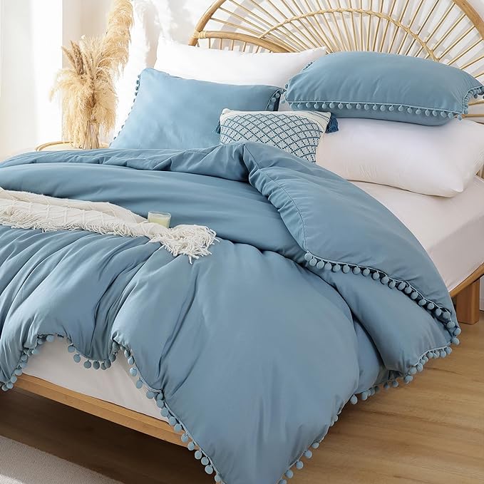 YIRDDEO Twin Comforter Set - Comforter Twin Size Bed with Ball Pom Fringe, Soft Bedding Set for All Seasons - 2 Pieces, 1 Comforter (66"x90") & 1 Pillow Sham(20"x26"), Dusty Blue