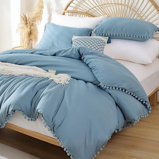 YIRDDEO Queen Comforter Set - Comforter Queen Size Sets with Ball Pom Fringe, Soft Bedding Set for All Seasons - 3 Pieces, 1 Comforter (90"x90") & 2 Pillow Shams (20"x26"), Dusty Blue
