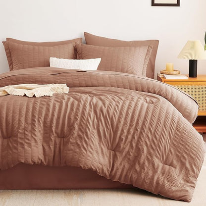 CozyLux King Size Comforter Set Mocha Mousse Seersucker 7 Pieces Bed in a Bag King Comforter Set with Sheets, Luxury Bedding Set with Down Alternative Comforter, Sheets, Pillowcases & Shams All Season
