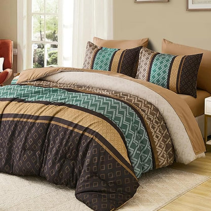 Cottolester Queen Comforter Set 7 Pieces Brown and Green Boho Striped Bed in a Bag,Soft Microfiber Complete Bedding Sets