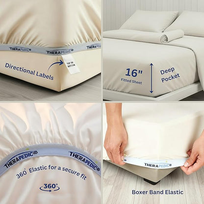Therapedic 100% Egyptian Cotton King 6-Piece Sheet Set – Naturally Cooling & Breathable Sateen, Preshrunk Garment Wash, 16" Deep Pocket Fitted Sheet, Bonus Pillowcases, Soft & Durable - Dove