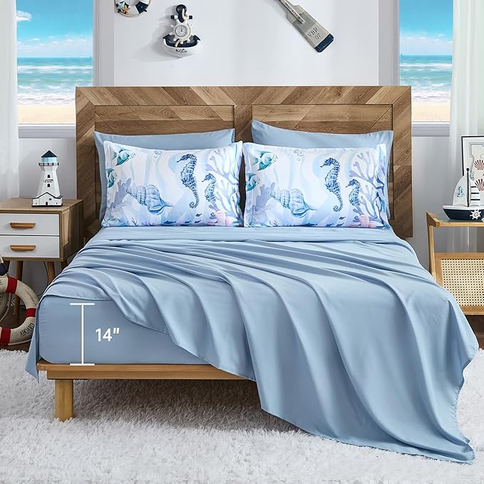 Comforter Set King Size Coastal, Coral Beach Themed Comforters Diving Deep Ocean Bedding with Sheets 7 Pieces Bed in a Bag for Spring Summer House Conch Decor