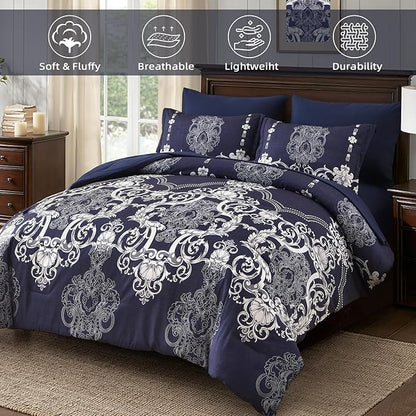 Mybedsoul Navy Blue Queen Comforter Set, 7 Pieces Boho Bed in a Bag for Queen Bed, Damask Comforter with Sheets Pillowcases, Soft Microfiber Lightweight Bedding Sets for All Season(90"x90")