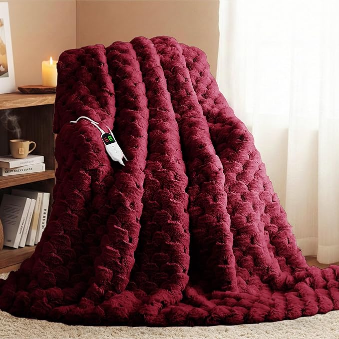 Homemate Heated Blanket Electric Throw - 50"x60" Heating Blanket Throw 4 Hours Auto-Off 10 Heat Levels Over-Heat Protection Luxury 800 GSM Faux Fur 200 GSM Sherpa ETL Certification