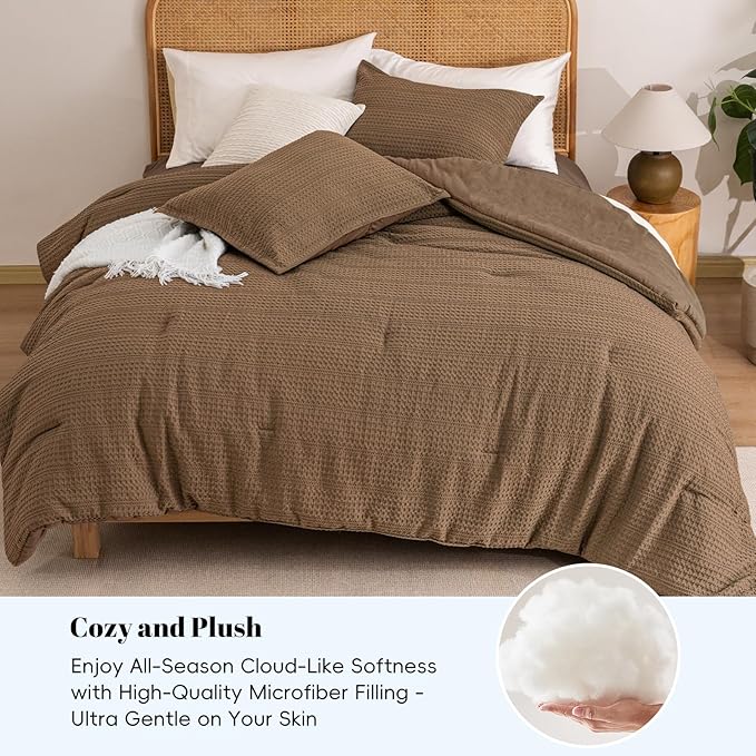 PHF Soft Waffle Comforter Set Queen Size- Comfy Breathable Waffle Weave Comforter with 2 Pillow Shams, 3 Pieces Less Snagging Lightweight Textured Bedding Set for All Season, Mocha/Cocoa Brown