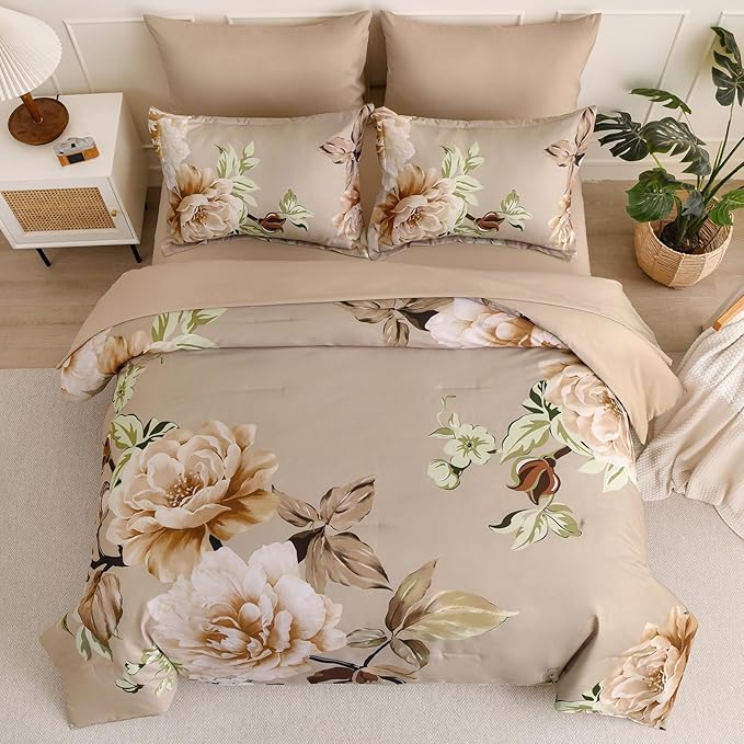 Drucon Floral Comforter Set Queen Size 7 Pieces Bed in a Bag, Khaki Floral Bedding Set, Soft Microfiber Comforter and Sheet Set for All Season (Queen, 90"x90")