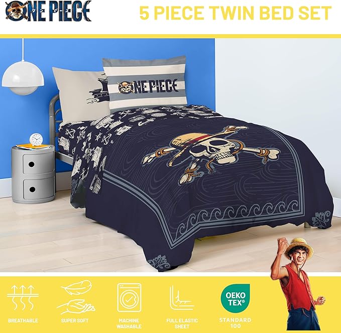 Jay Franco One Piece Twin Size Comforter Set - 5 Piece Blue Bedding Includes Sheet Set & Pillow Covers - Super Soft Anime Bedding with Skull and Bones