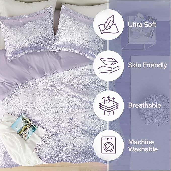 Comfort Spaces Juliette Luxe Comforter Set Velvet Lush with Soft Brushed Microfiber Reverse, All Season Cozy Velvet Bedding Sets, Fluffy Comforter Bed Set, Matching Sham, Purple King 3 Piece