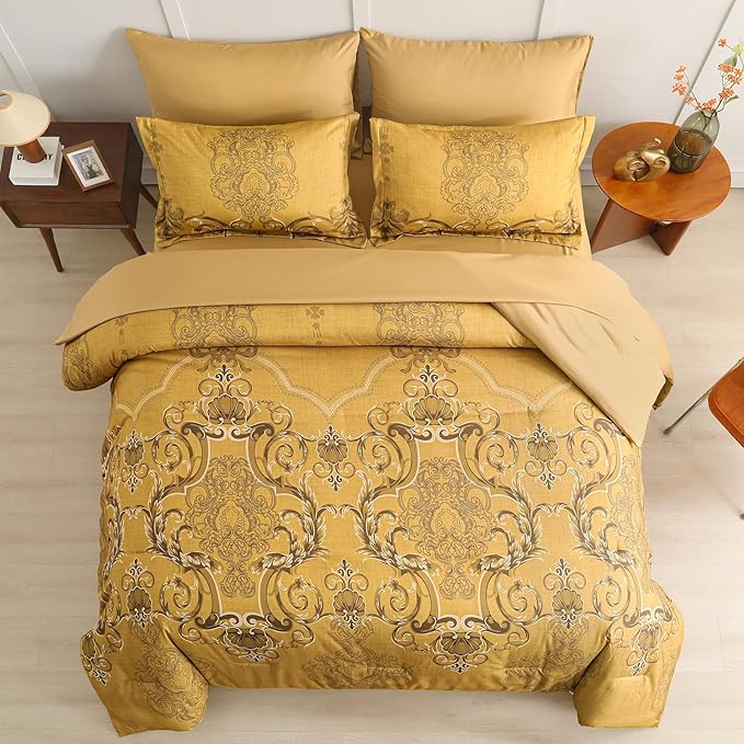 Mybedsoul 7 Pieces Gold Comforter Set King Size, Damask Bed in a Bag for King Bed, Lightweight Microfiber Boho Bedding Sets with Comforter, Sheet, Pillowcases & Shams for All Season(90"x104")