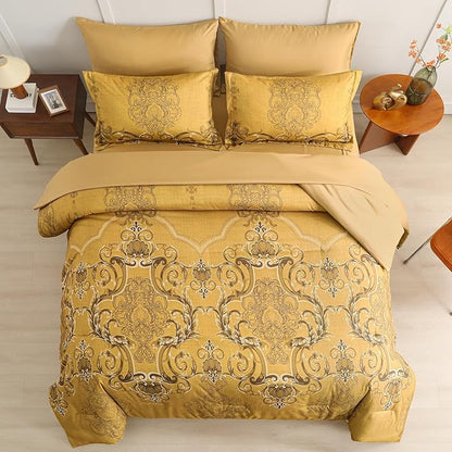 Mybedsoul Gold Queen Comforter Set, 7 Pieces Boho Bed in a Bag for Queen Bed, Damask Comforter with Sheets Pillowcases, Soft Microfiber Lightweight Bedding Sets for All Season(90"x90")