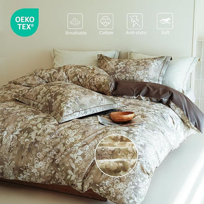 Queen Size Floral Comforter Set, 3Pcs Long Staple Cotton Duvet for All Seasons, Brown Botanical Print Bedding Set with 1 Lightweight Comforter and 2 Pillow Shams
