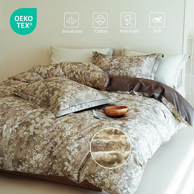 King Size Floral Comforter Set, 3Pcs Long Staple Cotton Duvet for All Seasons, Brown Botanical Print Bedding Set with 1 Lightweight Comforter and 2 Pillow Shams