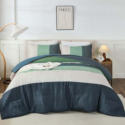 WONGS BEDDING Comforter Set Queen Size, 3 Pieces Blue Striped Patchwork Comforter for Queen Bed, Soft Microfiber Reversible Bedding Set for All Season (90"x90")
