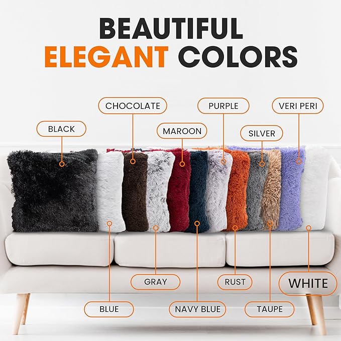 Cheer Collection Throw Pillows for Couch and Bed, Soft Shaggy Throw Pillows with Inserts Included, Cozy Long Hair Faux Fur Pillows - Set of 2-20" x 20" - White