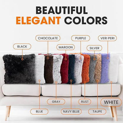 Cheer Collection Throw Pillows for Couch and Bed, Soft Shaggy Throw Pillows with Inserts Included, Cozy Long Hair Faux Fur Pillows - Set of 2-20" x 20" - White