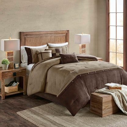 Madison Park Boone Cozy Comforter Set, Faux Suede, Deluxe Hotel Styling All Season Down Alternative Bedding Matching Shams, Decorative Pillow, California King (104 in x 92in), Rustic Brown 7 Piece