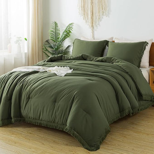 Andency Olive Green Comforter Set King, 3 Pieces Boho Tassel Lightweight Bedding Comforter Sets for King Bed, All Season Soft Fluffy Fringe Bed Set (104x90In Comforter & 2 Pillowcases)