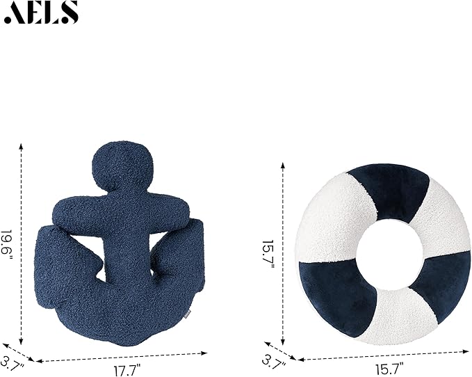 AELS 3D Anchor & Lifebuoy Nautical Throw Pillows, 19.6"& 15.7" Set of 2, Coastal Decor for Beach Enthusiasts Beach House, Ideal for Sofa Couch Living Room Bedroom and Nursery, Navy Blue and White