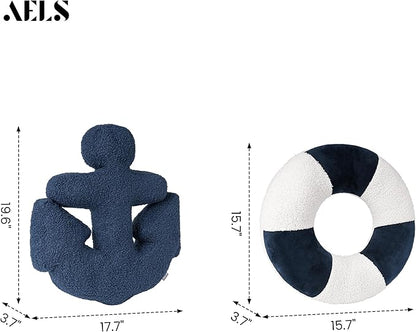 AELS 3D Anchor & Lifebuoy Nautical Throw Pillows, 19.6"& 15.7" Set of 2, Coastal Decor for Beach Enthusiasts Beach House, Ideal for Sofa Couch Living Room Bedroom and Nursery, Navy Blue and White
