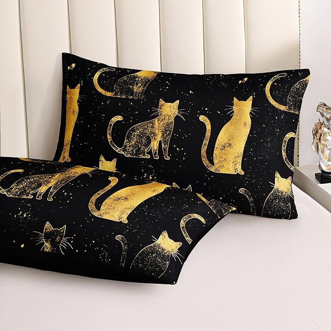 Black Gold Comforter Queen Gold Cat Bedding Set Black Kitty Animal Pattern Super Soft Cozy Girls Boys Pet Theme Cute Bed in A Bag with Comforter and Sheet Set