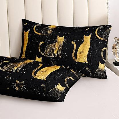 Black Gold Comforter Queen Gold Cat Bedding Set Black Kitty Animal Pattern Super Soft Cozy Girls Boys Pet Theme Cute Bed in A Bag with Comforter and Sheet Set
