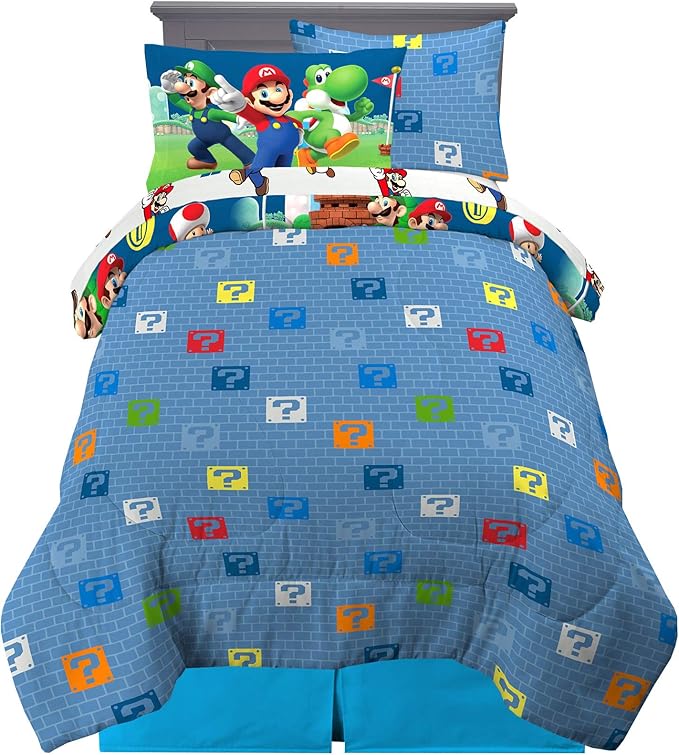 Super Mario Bros Kids Bedding Super Soft Cozy Reversible Comforter and Sheet Set with Sham, 5 Piece Twin Size Nintendo Gamer Bed Set, (100% Officially Licensed Product) by Franco