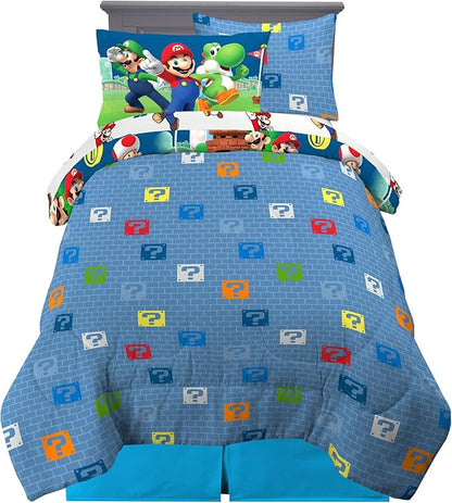 Super Mario Bros Kids Bedding Super Soft Cozy Reversible Comforter and Sheet Set with Sham, 5 Piece Twin Size Nintendo Gamer Bed Set, (100% Officially Licensed Product) by Franco