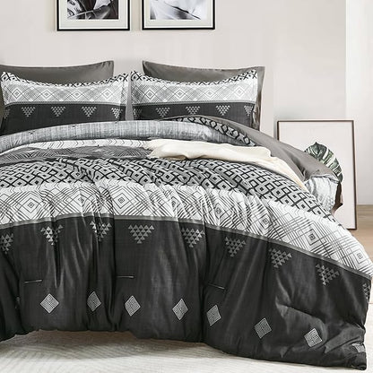 Xruibed Black Queen Comforter Set 7 Pieces, Black Grey Boho Striped Bed in a Bag Queen Size Soft Microfiber All Season Bedding Set with Comforter, Sheets, Pillowcases & Shams(90"×90")