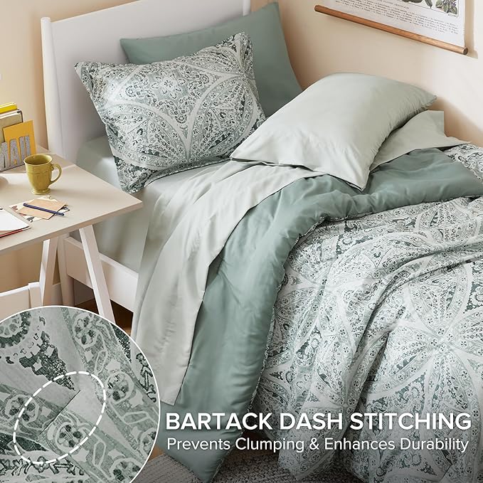 Comfort Spaces Bed in A Bag Comforter Set - Trendy Casual Design Twin XL Comforter with Complete Sheet Set with Side Pocket, All Season Comforter, Shams, Gloria, Twin XL Green 6 Piece