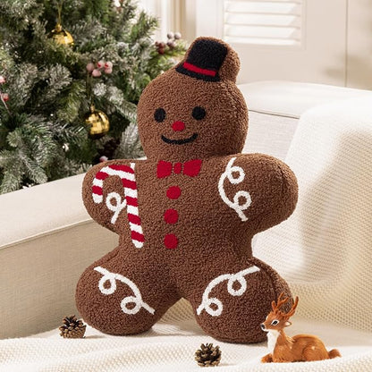 Phantoscope Gingerbread Series Merry Christmas Throw Pillow, Plush Teddy Sherpa Mr. Gingerbread Xmas Shaped Christmas Decorative Pillow with Hat & Cane for Couch Living, Bedroom, Coffee, 13x19 inches